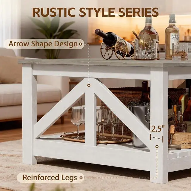 Alt view image 5 of 7 - Square Coffee Table with Dual Storage Compartments, Modern Wood Cocktail Table for Living Room, Farmhouse Lounge & Office Reception (Gray & White)