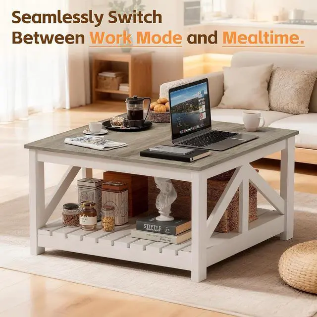 Alt view image 4 of 7 - Square Coffee Table with Dual Storage Compartments, Modern Wood Cocktail Table for Living Room, Farmhouse Lounge & Office Reception (Gray & White)