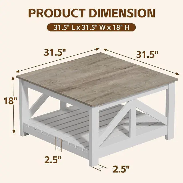 Alt view image 7 of 7 - Square Coffee Table with Dual Storage Compartments, Modern Wood Cocktail Table for Living Room, Farmhouse Lounge & Office Reception (Gray & White)