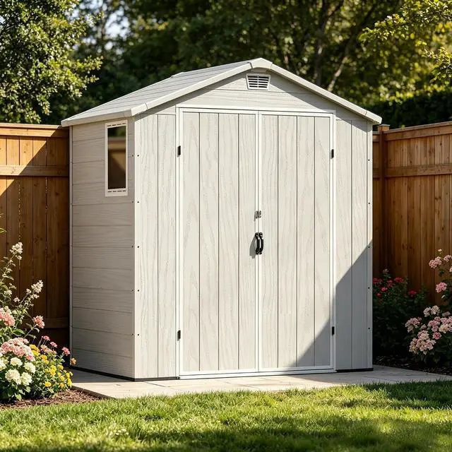 Main image of 6 x 4 FT Resin Outdoor Storage Shed with Floor, Light Gray | Plastic Storage Shed with Lockable Door and Window, Waterproof Utility Tool Garden Shed for Backyard Patio Lawn