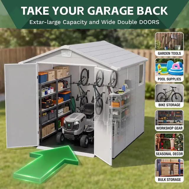 Alt view image 3 of 7 - 6 x 4 FT Resin Outdoor Storage Shed with Floor, Light Gray | Plastic Storage Shed with Lockable Door and Window, Waterproof Utility Tool Garden Shed for Backyard Patio Lawn
