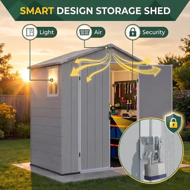 Alt view image 6 of 7 - 6 x 4 FT Resin Outdoor Storage Shed with Floor, Light Gray | Plastic Storage Shed with Lockable Door and Window, Waterproof Utility Tool Garden Shed for Backyard Patio Lawn