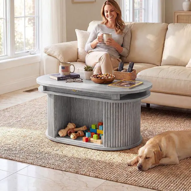 Alt view image 2 of 7 - 31.5"-45.2" Oval Coffee Table for Living Room, Extendable Coffee Table with Fluted Sliding Door, Mid Century Modern Center Table with Storage, Gray