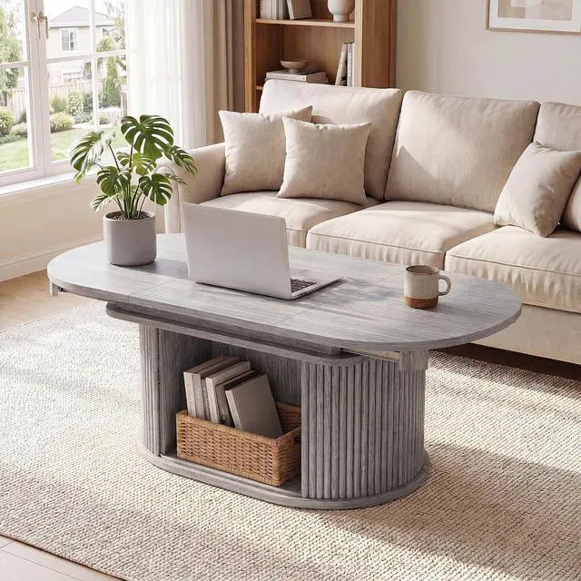 Main image of 31.5"-45.2" Oval Coffee Table for Living Room, Extendable Coffee Table with Fluted Sliding Door, Mid Century Modern Center Table with Storage, Gray