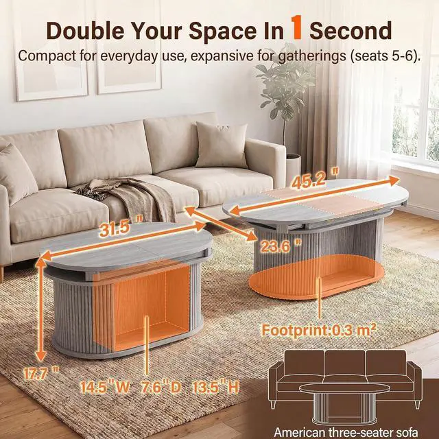 Alt view image 6 of 7 - 31.5"-45.2" Oval Coffee Table for Living Room, Extendable Coffee Table with Fluted Sliding Door, Mid Century Modern Center Table with Storage, Gray