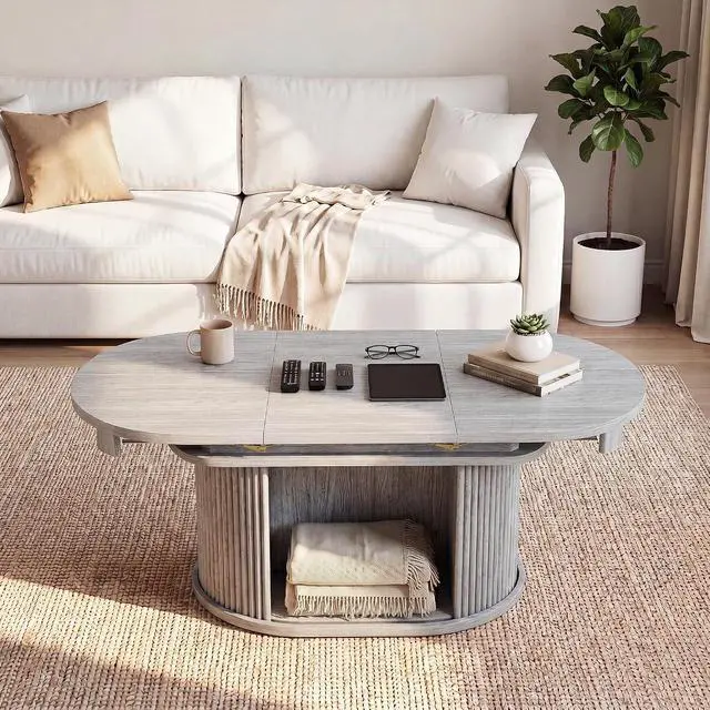 Alt view image 7 of 7 - 31.5"-45.2" Oval Coffee Table for Living Room, Extendable Coffee Table with Fluted Sliding Door, Mid Century Modern Center Table with Storage, Gray