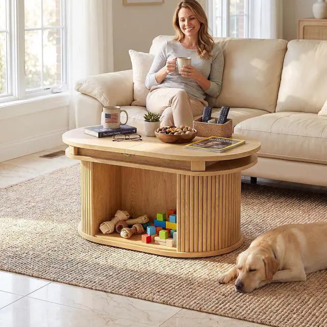 Alt view image 2 of 7 - 31.5"-45.2" Oval Coffee Table for Living Room, Extendable Coffee Table with Fluted Sliding Door, Mid Century Modern Center Table with Storage, Oak