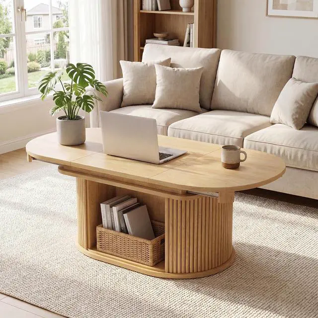 Main image of 31.5"-45.2" Oval Coffee Table for Living Room, Extendable Coffee Table with Fluted Sliding Door, Mid Century Modern Center Table with Storage, Oak