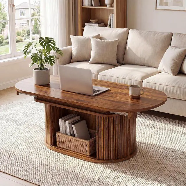 Main image of 31.5"-45.2" Oval Coffee Table for Living Room, Extendable Coffee Table with Fluted Sliding Door, Mid Century Modern Center Table with Storage, Walnut