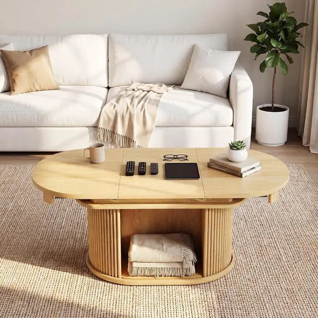 Alt view image 7 of 7 - 31.5"-45.2" Oval Coffee Table for Living Room, Extendable Coffee Table with Fluted Sliding Door, Mid Century Modern Center Table with Storage, Oak