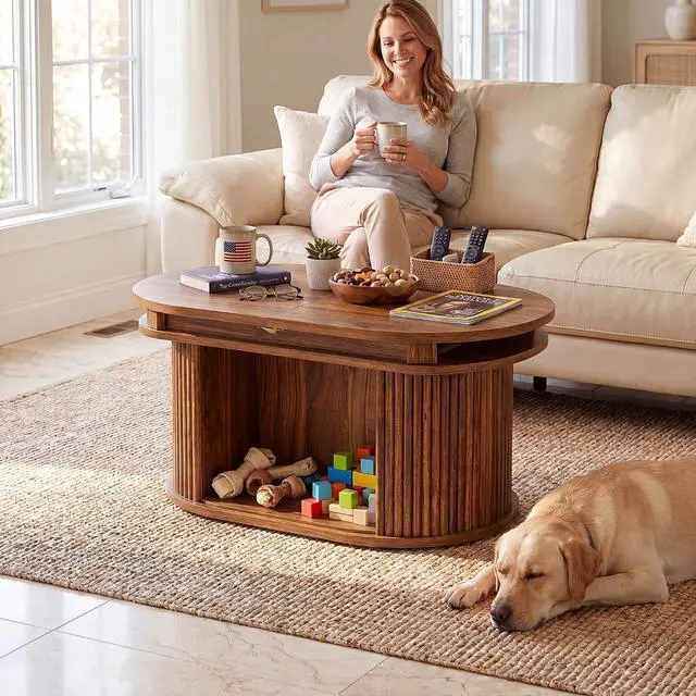 Alt view image 2 of 7 - 31.5"-45.2" Oval Coffee Table for Living Room, Extendable Coffee Table with Fluted Sliding Door, Mid Century Modern Center Table with Storage, Walnut