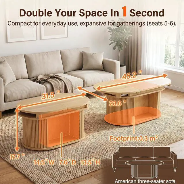 Alt view image 6 of 7 - 31.5"-45.2" Oval Coffee Table for Living Room, Extendable Coffee Table with Fluted Sliding Door, Mid Century Modern Center Table with Storage, Oak
