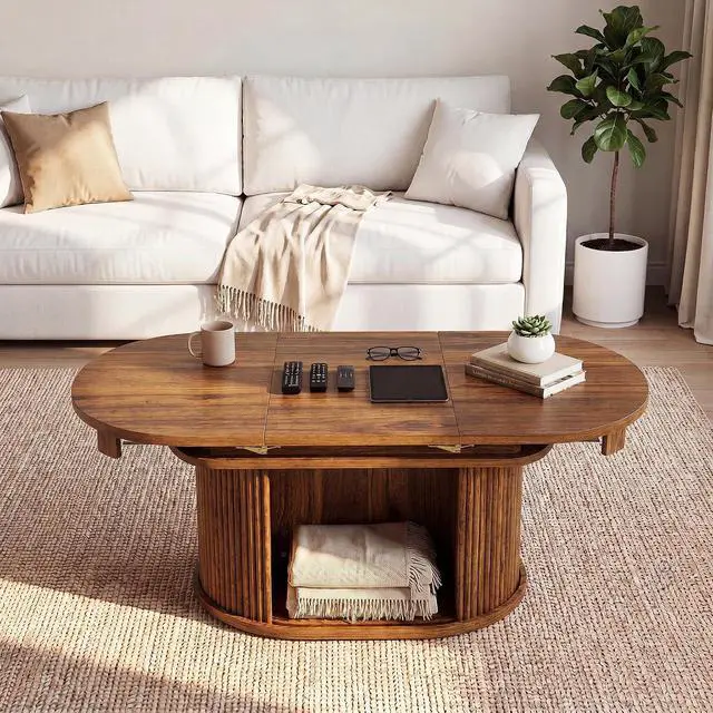 Alt view image 7 of 7 - 31.5"-45.2" Oval Coffee Table for Living Room, Extendable Coffee Table with Fluted Sliding Door, Mid Century Modern Center Table with Storage, Walnut
