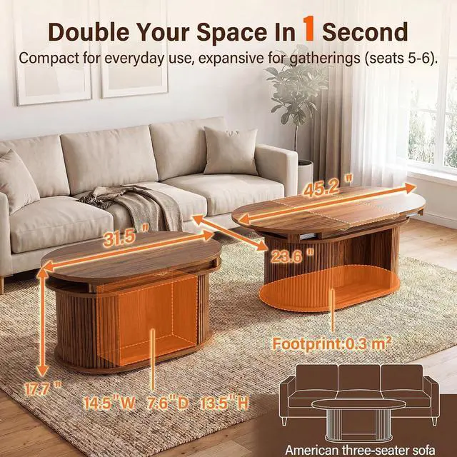 Alt view image 6 of 7 - 31.5"-45.2" Oval Coffee Table for Living Room, Extendable Coffee Table with Fluted Sliding Door, Mid Century Modern Center Table with Storage, Walnut