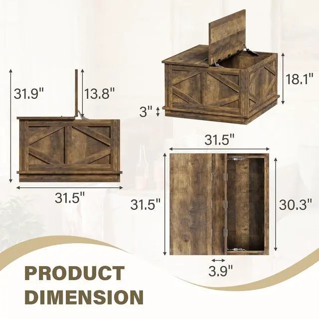 Alt view image 3 of 6 - 31.5" Lift Top Coffee Table with Storage, Square Coffee Tables for Living Room, Center Table with Hidden Storage Compartment, Modern Farmhouse Design (Brown)