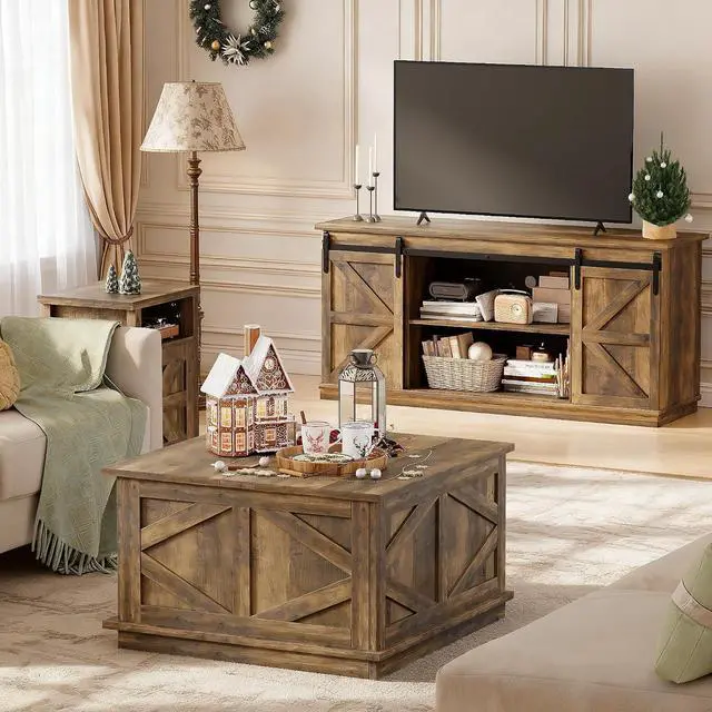 Alt view image 2 of 6 - 31.5" Lift Top Coffee Table with Storage, Square Coffee Tables for Living Room, Center Table with Hidden Storage Compartment, Modern Farmhouse Design (Brown)