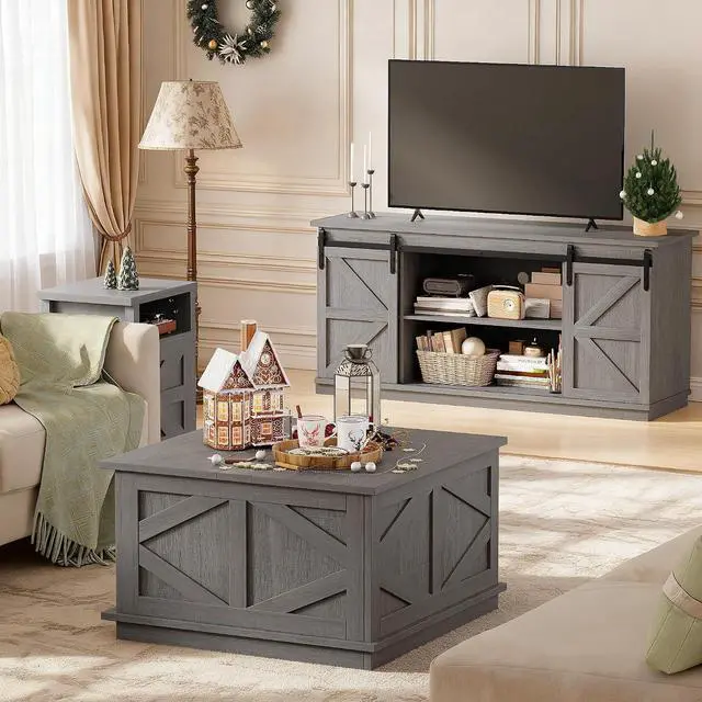 Alt view image 2 of 6 - 31.5" Lift Top Coffee Table with Storage, Square Coffee Tables for Living Room, Center Table with Hidden Storage Compartment, Modern Farmhouse Design (Gray Wash)