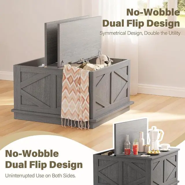 Alt view image 4 of 6 - 31.5" Lift Top Coffee Table with Storage, Square Coffee Tables for Living Room, Center Table with Hidden Storage Compartment, Modern Farmhouse Design (Gray Wash)