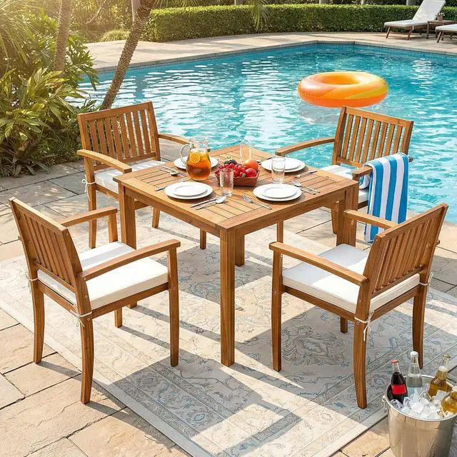 Main image of 5 Pieces Patio Table and Chairs Set Acacia Wood Outdoor Furniture | Patio Dining Set with Comfy Cushions for 4, Outdoor Dining Table and Chairs for Lawn, Garden, Backyard, Deck, Natural Wood