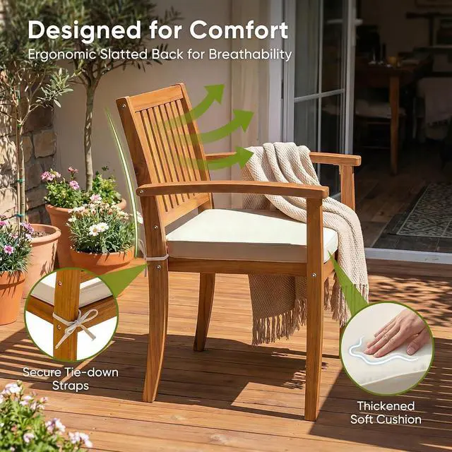 Alt view image 3 of 7 - 5 Pieces Patio Table and Chairs Set Acacia Wood Outdoor Furniture | Patio Dining Set with Comfy Cushions for 4, Outdoor Dining Table and Chairs for Lawn, Garden, Backyard, Deck, Natural Wood