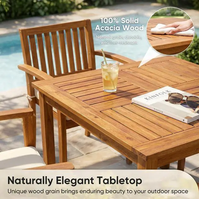 Alt view image 4 of 7 - 5 Pieces Patio Table and Chairs Set Acacia Wood Outdoor Furniture | Patio Dining Set with Comfy Cushions for 4, Outdoor Dining Table and Chairs for Lawn, Garden, Backyard, Deck, Natural Wood