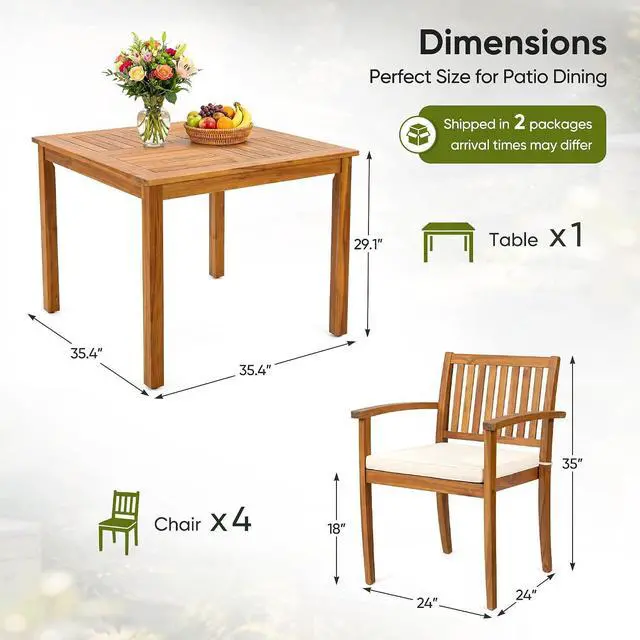 Alt view image 6 of 7 - 5 Pieces Patio Table and Chairs Set Acacia Wood Outdoor Furniture | Patio Dining Set with Comfy Cushions for 4, Outdoor Dining Table and Chairs for Lawn, Garden, Backyard, Deck, Natural Wood