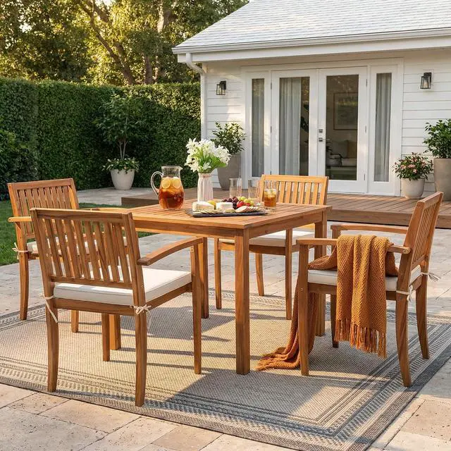 Alt view image 2 of 7 - 5 Pieces Patio Table and Chairs Set Acacia Wood Outdoor Furniture | Patio Dining Set with Comfy Cushions for 4, Outdoor Dining Table and Chairs for Lawn, Garden, Backyard, Deck, Natural Wood