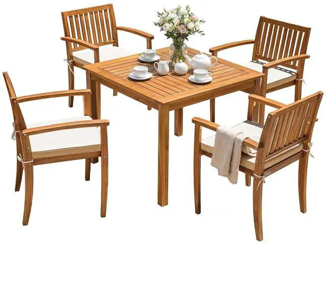 Alt view image 7 of 7 - 5 Pieces Patio Table and Chairs Set Acacia Wood Outdoor Furniture | Patio Dining Set with Comfy Cushions for 4, Outdoor Dining Table and Chairs for Lawn, Garden, Backyard, Deck, Natural Wood