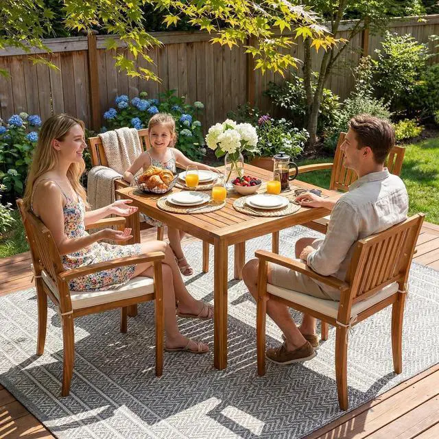 Alt view image 5 of 7 - 5 Pieces Patio Table and Chairs Set Acacia Wood Outdoor Furniture | Patio Dining Set with Comfy Cushions for 4, Outdoor Dining Table and Chairs for Lawn, Garden, Backyard, Deck, Natural Wood