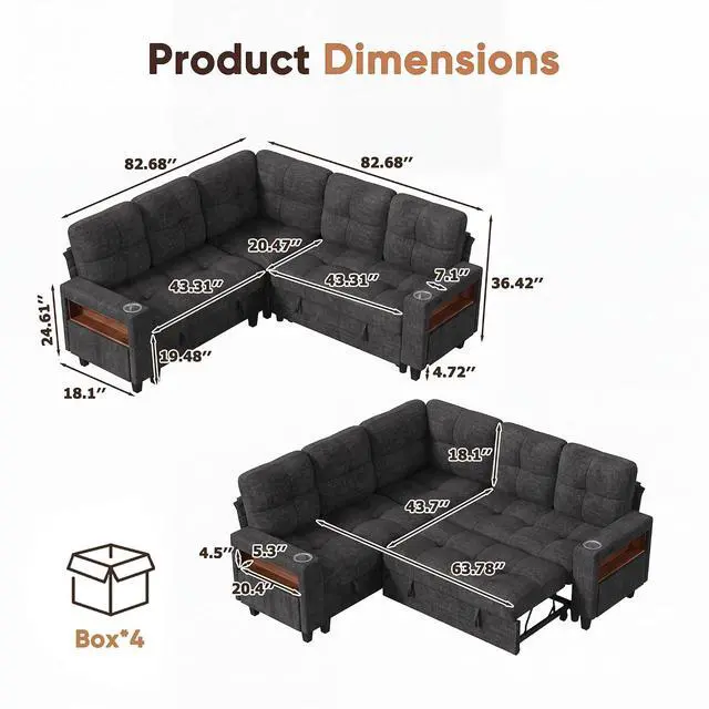 Alt view image 2 of 7 - 83" Sectional Sleeper Sofa with Storage Chaise, Pull Out Couch Modular Sofa Bed with USB Charging, LED lighting & Cup Holder, Chenille L shaped Sofa Couches for Living Room (Grey, Sleeper Sofa-2)