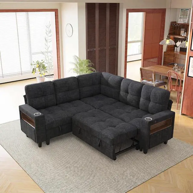 Main image of 83" Sectional Sleeper Sofa with Storage Chaise, Pull Out Couch Modular Sofa Bed with USB Charging, LED lighting & Cup Holder, Chenille L shaped Sofa Couches for Living Room (Grey, Sleeper Sofa-2)