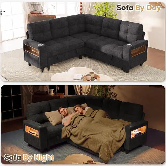 Alt view image 3 of 7 - 83" Sectional Sleeper Sofa with Storage Chaise, Pull Out Couch Modular Sofa Bed with USB Charging, LED lighting & Cup Holder, Chenille L shaped Sofa Couches for Living Room (Grey, Sleeper Sofa-2)