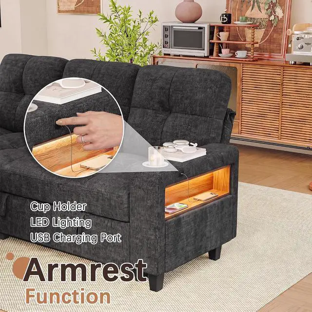 Alt view image 4 of 7 - 83" Sectional Sleeper Sofa with Storage Chaise, Pull Out Couch Modular Sofa Bed with USB Charging, LED lighting & Cup Holder, Chenille L shaped Sofa Couches for Living Room (Grey, Sleeper Sofa-2)