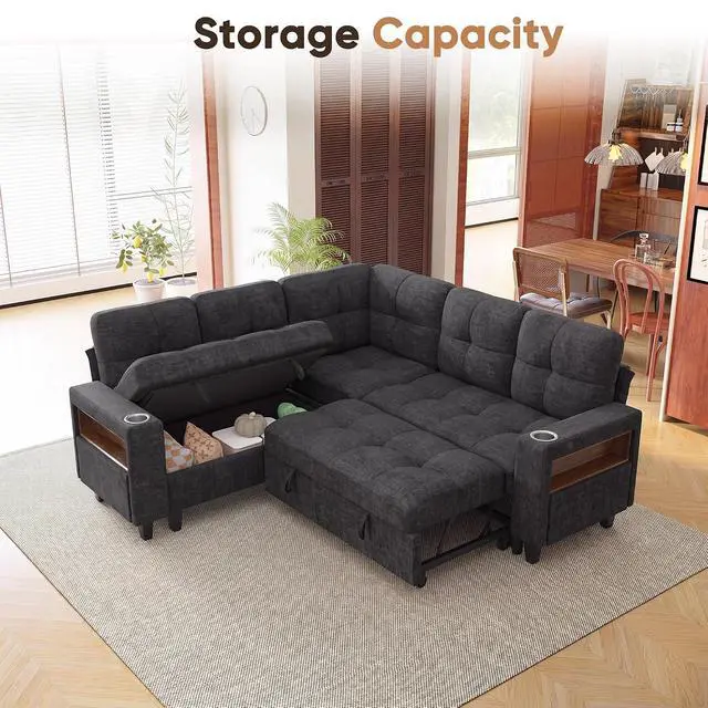 Alt view image 5 of 7 - 83" Sectional Sleeper Sofa with Storage Chaise, Pull Out Couch Modular Sofa Bed with USB Charging, LED lighting & Cup Holder, Chenille L shaped Sofa Couches for Living Room (Grey, Sleeper Sofa-2)