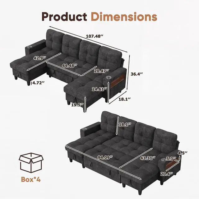 Alt view image 3 of 7 - 108" Sectional Couch Modular Sofa Bed with Storage Chaise, Pull Out Couch with Cup Holder, USB Charging & LED Lighting, Comfy U-Shaped Chenille Couch for Living Room, Apartment (Grey, Sleeper Sofa-1)