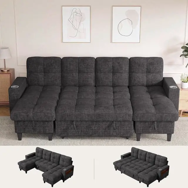 Main image of 108" Sectional Couch Modular Sofa Bed with Storage Chaise, Pull Out Couch with Cup Holder, USB Charging & LED Lighting, Comfy U-Shaped Chenille Couch for Living Room, Apartment (Grey, Sleeper Sofa-1)