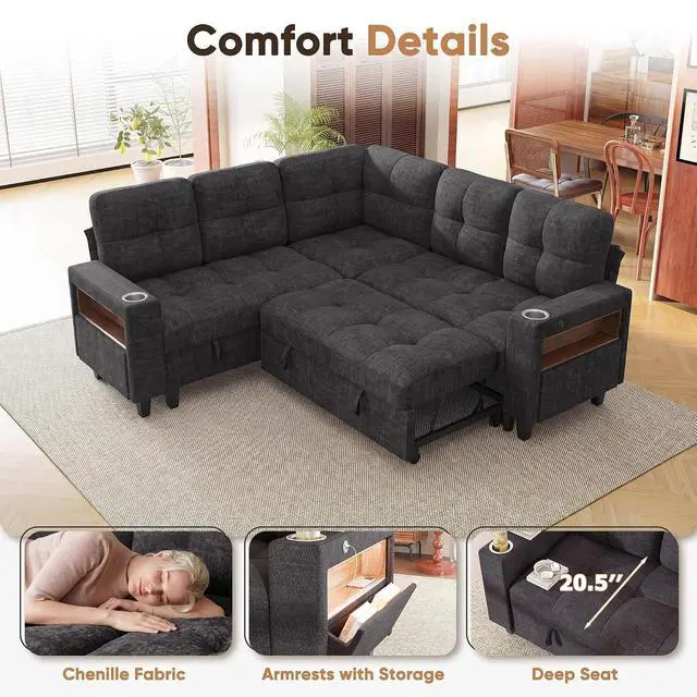 Alt view image 7 of 7 - 83" Sectional Sleeper Sofa with Storage Chaise, Pull Out Couch Modular Sofa Bed with USB Charging, LED lighting & Cup Holder, Chenille L shaped Sofa Couches for Living Room (Grey, Sleeper Sofa-2)