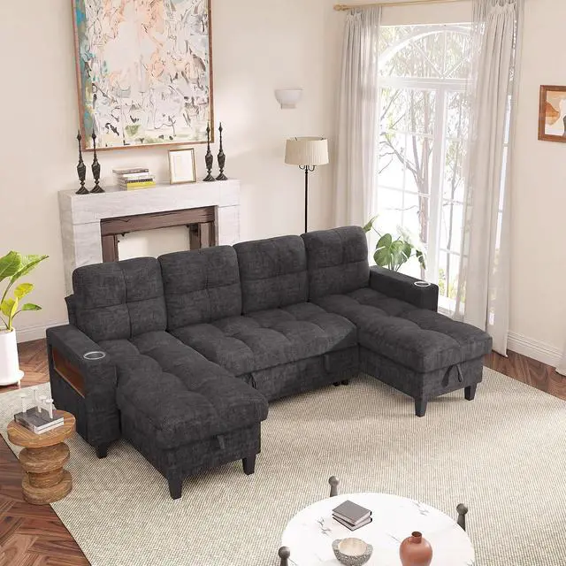 Alt view image 2 of 7 - 108" Sectional Couch Modular Sofa Bed with Storage Chaise, Pull Out Couch with Cup Holder, USB Charging & LED Lighting, Comfy U-Shaped Chenille Couch for Living Room, Apartment (Grey, Sleeper Sofa-1)