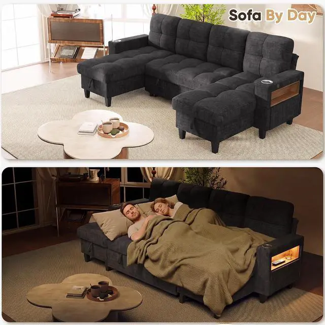 Alt view image 4 of 7 - 108" Sectional Couch Modular Sofa Bed with Storage Chaise, Pull Out Couch with Cup Holder, USB Charging & LED Lighting, Comfy U-Shaped Chenille Couch for Living Room, Apartment (Grey, Sleeper Sofa-1)