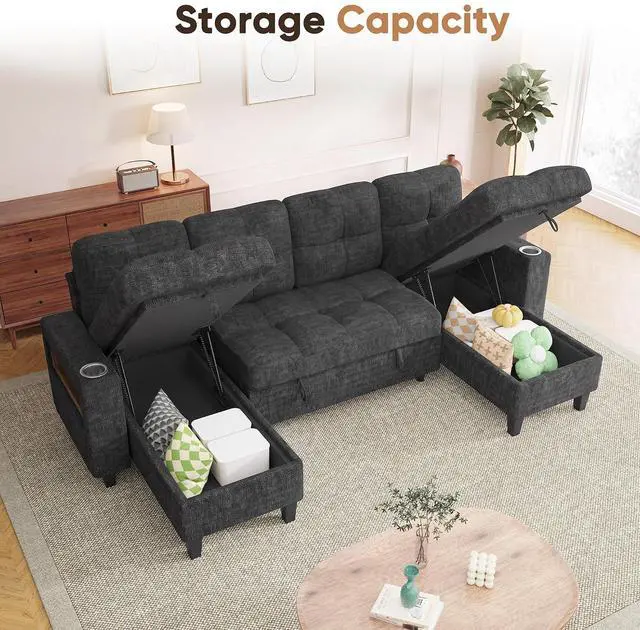 Alt view image 6 of 7 - 108" Sectional Couch Modular Sofa Bed with Storage Chaise, Pull Out Couch with Cup Holder, USB Charging & LED Lighting, Comfy U-Shaped Chenille Couch for Living Room, Apartment (Grey, Sleeper Sofa-1)