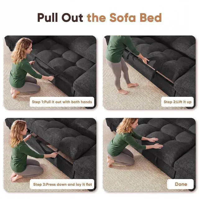 Alt view image 6 of 7 - 83" Sectional Sleeper Sofa with Storage Chaise, Pull Out Couch Modular Sofa Bed with USB Charging, LED lighting & Cup Holder, Chenille L shaped Sofa Couches for Living Room (Grey, Sleeper Sofa-2)
