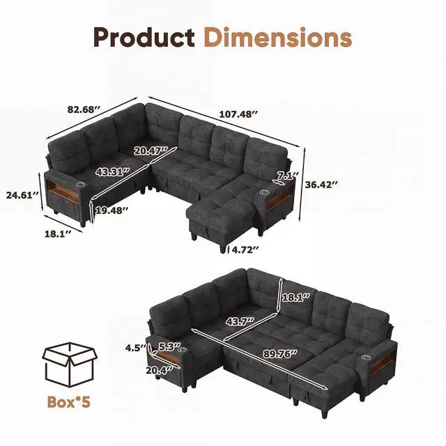 Alt view image 2 of 7 - 108" Pull Out Couch with Sofa Bed & Storage Chaise, Sleeper Sofa with USB Charging, LED lighting & Cup Holder, Sectional U Shpaed Sofa Chenille Couch for Living Room, Apartment (Grey, Sleeper Sofa-3)