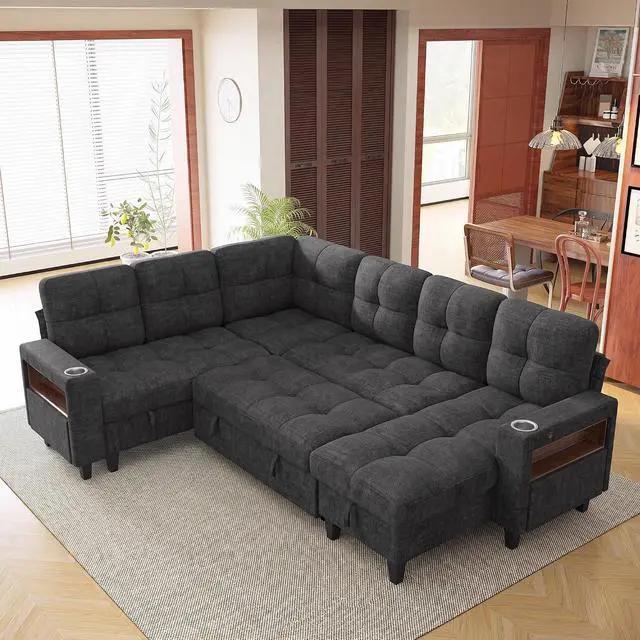 Main image of 108" Pull Out Couch with Sofa Bed & Storage Chaise, Sleeper Sofa with USB Charging, LED lighting & Cup Holder, Sectional U Shpaed Sofa Chenille Couch for Living Room, Apartment (Grey, Sleeper Sofa-3)