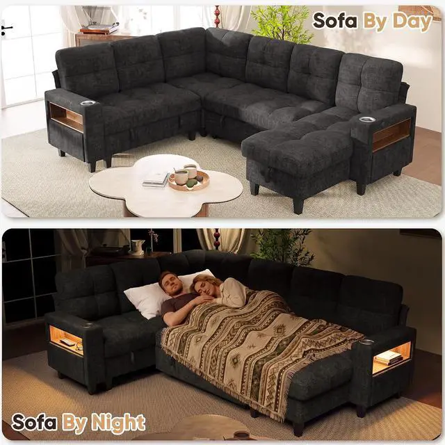 Alt view image 3 of 7 - 108" Pull Out Couch with Sofa Bed & Storage Chaise, Sleeper Sofa with USB Charging, LED lighting & Cup Holder, Sectional U Shpaed Sofa Chenille Couch for Living Room, Apartment (Grey, Sleeper Sofa-3)