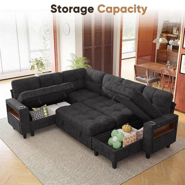 Alt view image 5 of 7 - 108" Pull Out Couch with Sofa Bed & Storage Chaise, Sleeper Sofa with USB Charging, LED lighting & Cup Holder, Sectional U Shpaed Sofa Chenille Couch for Living Room, Apartment (Grey, Sleeper Sofa-3)