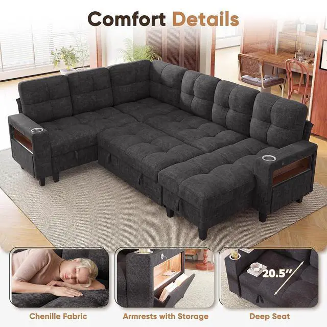 Alt view image 7 of 7 - 108" Pull Out Couch with Sofa Bed & Storage Chaise, Sleeper Sofa with USB Charging, LED lighting & Cup Holder, Sectional U Shpaed Sofa Chenille Couch for Living Room, Apartment (Grey, Sleeper Sofa-3)