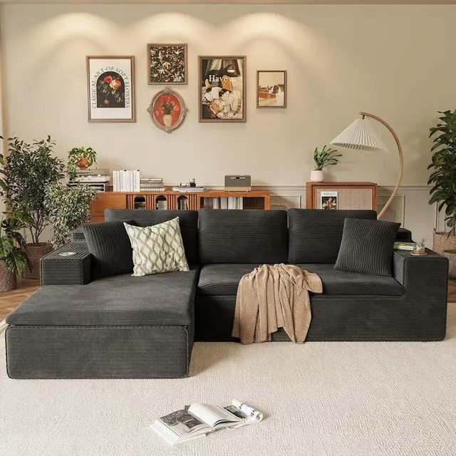 Alt view image 5 of 7 - 109" Boneless Couch with Memory Foam, Modular Sectional Sofa with L-Shape Chaise, Cloud Couch with Deep Seat, Dual Cup Holders & Side Pockets, No Assembly Required (Black)