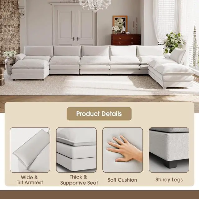 Alt view image 2 of 6 - 198.2" Modular Sectional Sofa,Oversized Cloud Couch with Ottoman,Chenille Sofas Sleeper with Metal Frame,Convertible 5-Seater Couches for Living Room (White, U Shape)