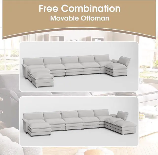 Alt view image 3 of 6 - 198.2" Modular Sectional Sofa,Oversized Cloud Couch with Ottoman,Chenille Sofas Sleeper with Metal Frame,Convertible 5-Seater Couches for Living Room (White, U Shape)