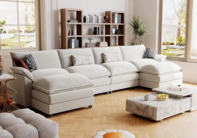 Main image of 159" Modular Sectional Sofa,Oversized Cloud Couch with Ottoman,Chenille Sofas Sleeper with Metal Frame,Convertible 4-Seater Couches for Living Room (White, U Shape)